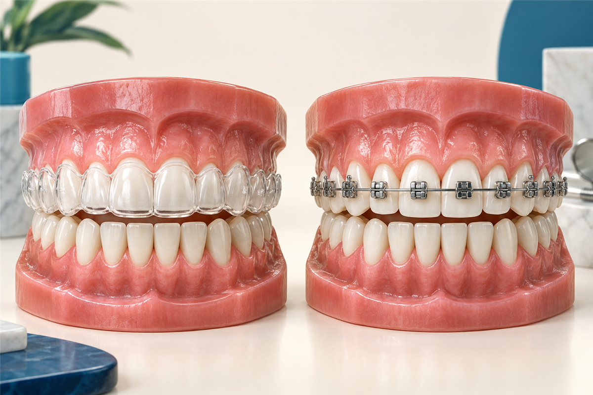 Dental models comparing clear aligners with metal braces