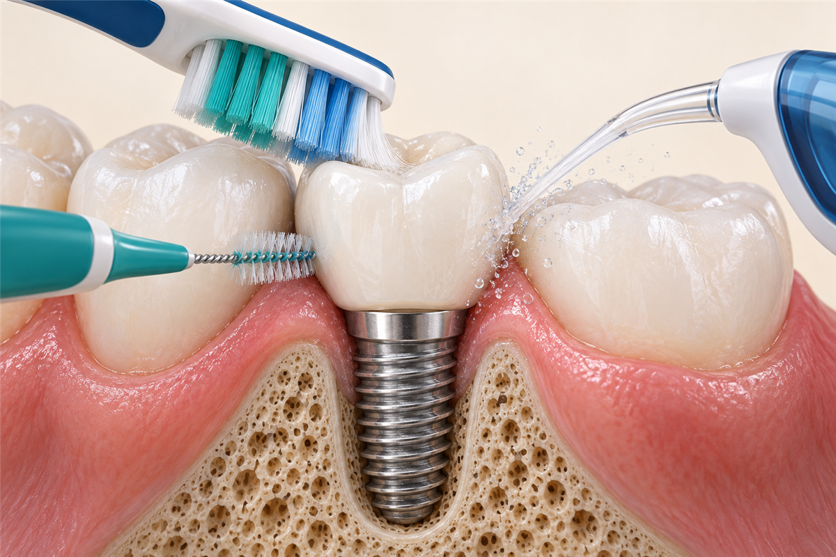 Cleaning around an implant with a toothbrush, interdental brush and water flosser