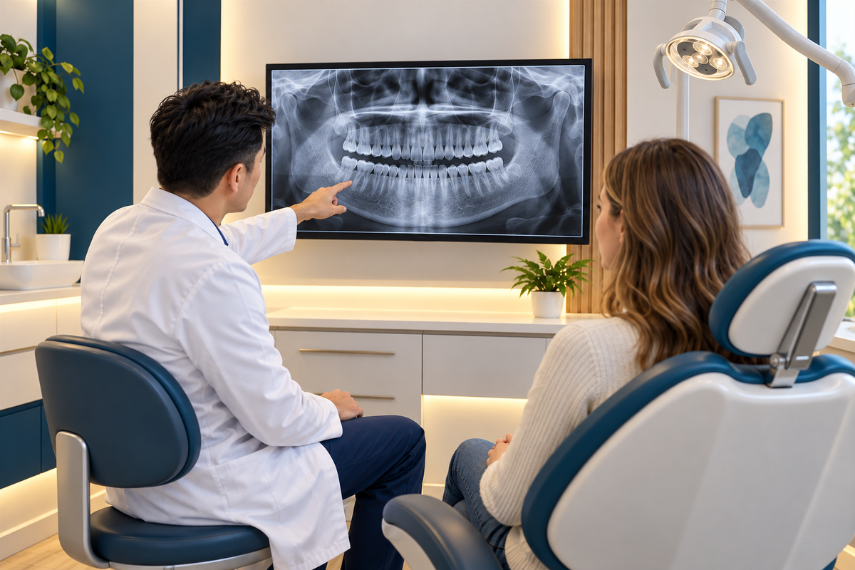 A dentist explaining a panoramic X-ray to a patient during a consultation