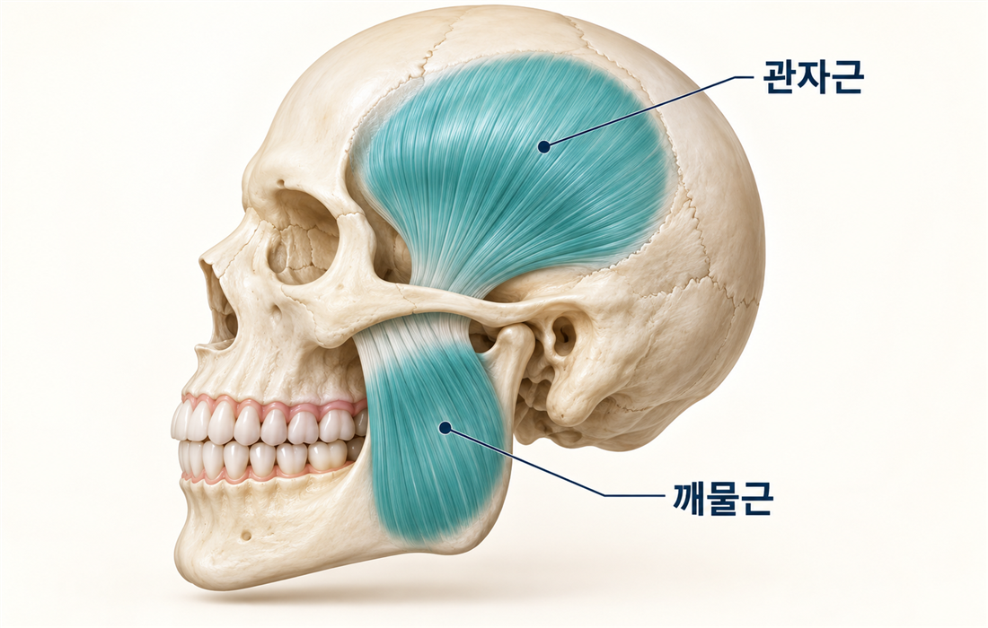 턱을 움직이는 깨물근과 관자근 위치를 표시한 그림